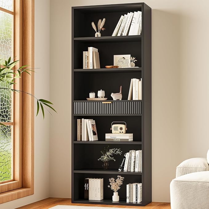 72" Tall Bookshelf with Storage, 7-Tier Bookcase Fluted with Drawer, Display Book Shelf Book Organizer with Anti-tip Device, Home Decor Wood Furniture for Bedroom, Living Room and Office, Black