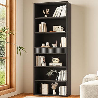 72" Tall Bookshelf with Storage, 7-Tier Bookcase Fluted with Drawer, Display Book Shelf Book Organizer with Anti-tip Device, Home Decor Wood Furniture for Bedroom, Living Room and Office, Black