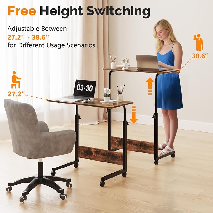 VINGLI Portable Computer Workstation, Standing Desk Adjustable Height, Small Computer Desk w/Rolling, Sit Stand Laptop Desk TV Tray for Bed Sofa Hospital Reading Eating, Rustic Brown, 31.5"