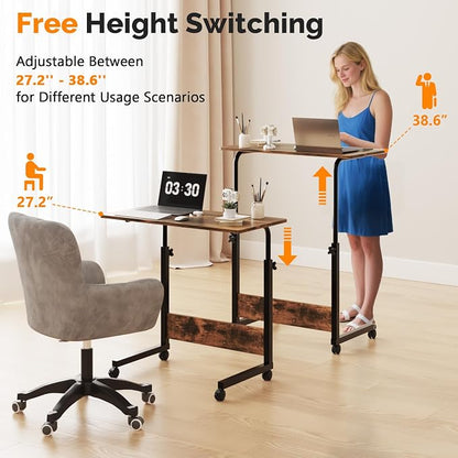 VINGLI Portable Computer Workstation, Standing Desk Adjustable Height, Small Computer Desk w/Rolling, Sit Stand Laptop Desk TV Tray for Bed Sofa Hospital Reading Eating, Rustic Brown, 31.5"