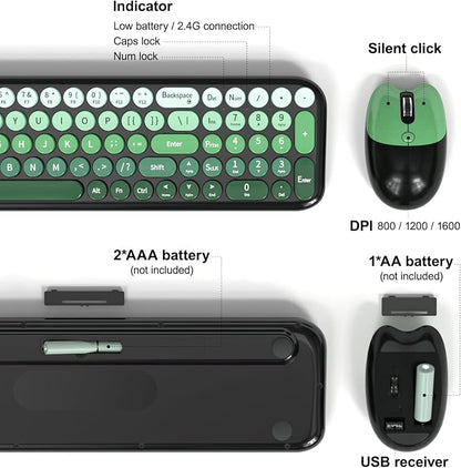 MOFII Wireless Keyboard and Mouse Combo, Compact Small Keyboard with Large Print, 2.4GHz Retro Typewriter Keyboard, Quiet Click Mouse for PC, Laptop, Desktop, Windows (Black Green Gradient)