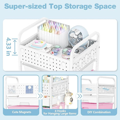 4 Drawer Rolling Storage Cart with Pegboard Top and Hooks, Mobile Organizer Cart with Wheels for Office Supplies, Craft Storage, Classroom Organization, Home Utility Cart, Pink&Blue