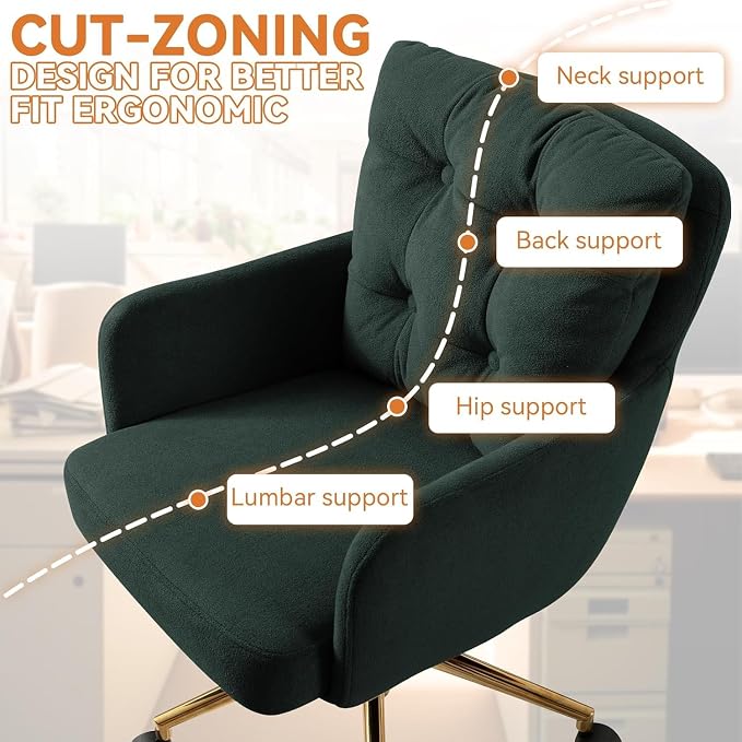 Flannel Office Chair, Comfy Home Office Desk Chairs with Lumbar Support, Modern Plush Fabric Desk Chair Gold Legs Swivel Task Chair for Home Office, Bedroom, Study, Green Upgraded Version