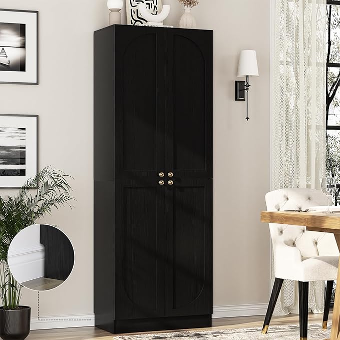 Cyclysio 80" Storage Cabinet, Tall Arched Bookcase with 4 Soft Close Doors, 6-Tier Wooden Pantry with Adjustable Shelves, Seamless Fit Wall for Home Office, Living Room, Kitchen (Black)