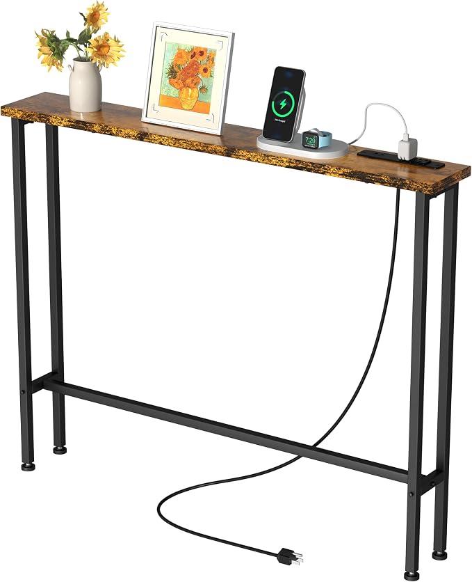 GRLEAF 39" Narrow Console Sofa Table with Built-in Power Strip (2 AC Outlets & 2 USB Ports) – 4.9ft Power Cord, Metal Frame, Easy Assembly, Ideal for Behind Couch, Hallway, and Office | Rustic Brown