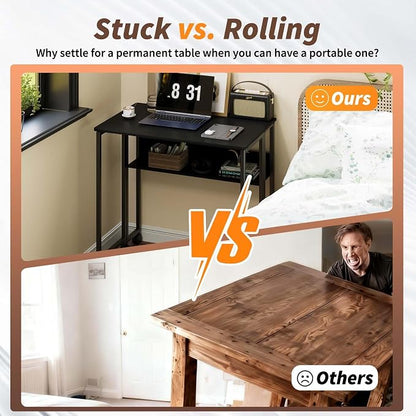 24.8" Folding Rolling Desk with Storage Shelf, Small Foldable Computer Table on Wheels for Home Office & Small Spaces, Portable Workstation with Brakes, Black