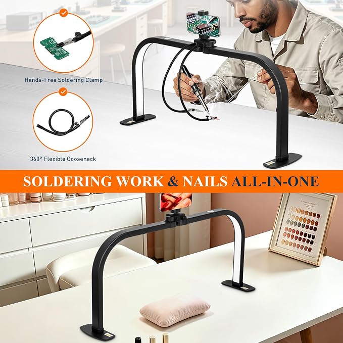 Half Moon Nail Light for Desk with Soldering Clips & Phone Holder, 30In Foldable LED Arch Tech Lamp for Fingernail Art Jewelery Craft Card DIY, 2700LM Multiple Brightness 3000-6000K