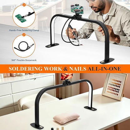 Half Moon Nail Light for Desk with Soldering Clips & Phone Holder, 30In Foldable LED Arch Tech Lamp for Fingernail Art Jewelery Craft Card DIY, 2700LM Multiple Brightness 3000-6000K