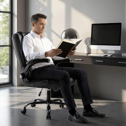 OFIKA Leather Office Desk Chair,Ergonomic Office Chair with Lumbar Support,Computer Chair,Executive Leather Chair with Padded Flip-up Arm,Adjustable Armrests, Black,275LBS