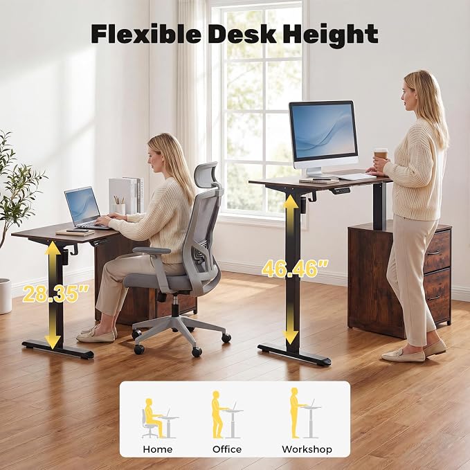 NORTHSKY Small Electric Standing Desk with Storage, 32 x 18 Inches Small Space Sit Stand Desk with Storage, Height Adjustable Computer Table, 3 Memory Preset, 1 Hook, Cable Management, Rustic Brown
