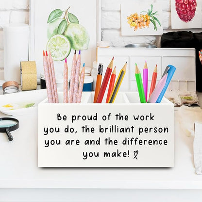 Inspirational Office Pen Pencil Holder Organizer for Desk, Thank You Appreciation Gifts for Women Men, Inspirational Gifts Wooden Box Sign for Home Office Desk Tabletop Decorations