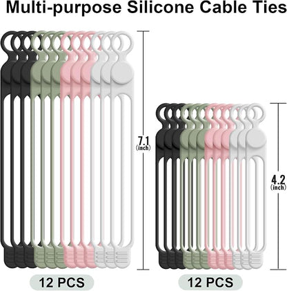 Silicone Cable Ties Cord Organizer for Cable Management, 24PCS 4.2" and 7.1" Reusable Cable Organizer Electronic Accessories for Home, Office, Kitchen, School, Travel (4 Colors)