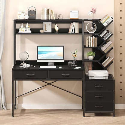 YOMILUVE Reversible Computer Desk with Hutch, Home Office Desk with 5 Drawers and Bookshelf, 52'' Study Writing Desk with Storage Shelves for Bedroom Home Office, Black