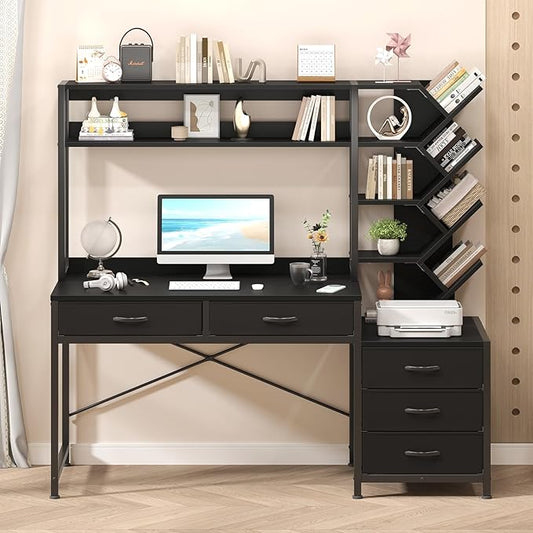 YOMILUVE Reversible Computer Desk with Hutch, Home Office Desk with 5 Drawers and Bookshelf, 52'' Study Writing Desk with Storage Shelves for Bedroom Home Office, Black