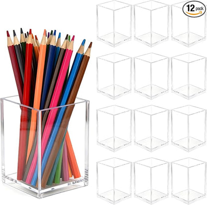 Acrylic Pen Holder 12 Pack, Clear Pencil Cup Desktop Organizer, Makeup Brush Holder, Acrylic Pencil Organizer for Desk Office School Supplies Storage