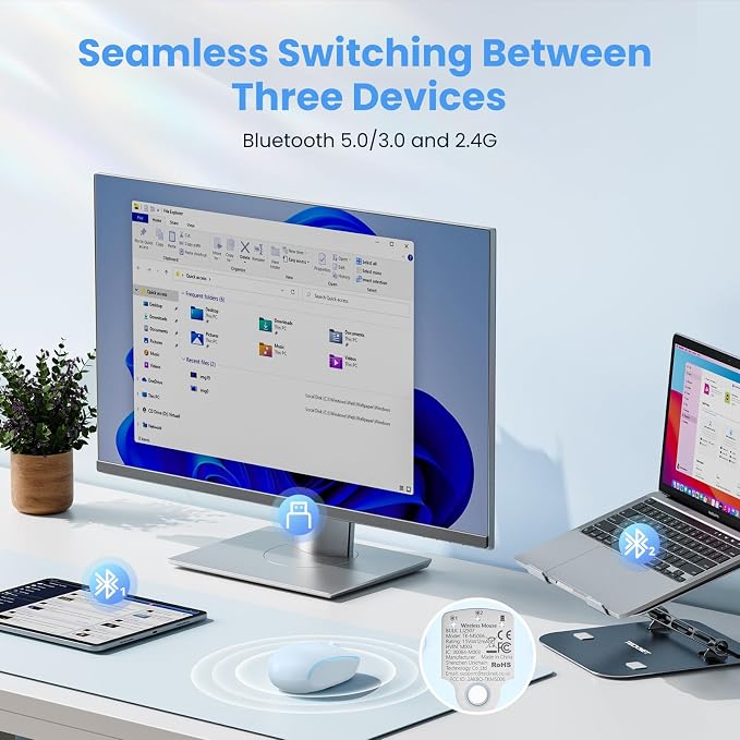 TECKNET Wireless Mouse,Bluetooth Mouse (BT5.3/5.0 & 2.4G) with USB Receiver Silent Optical Computer Mice，Wide Compatibility