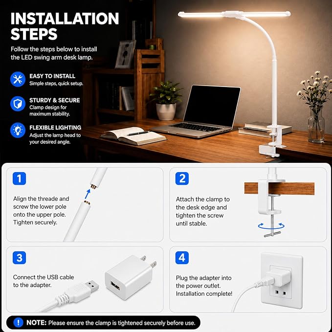 LED Desk Lamp for Home Office, Eye-Care Architect Light with Clamp, Double Head Computer Monitor Table Light with 3 Color Modes 10 Brightness, Adjustable for Reading, Study, Drafting, Workbench, White