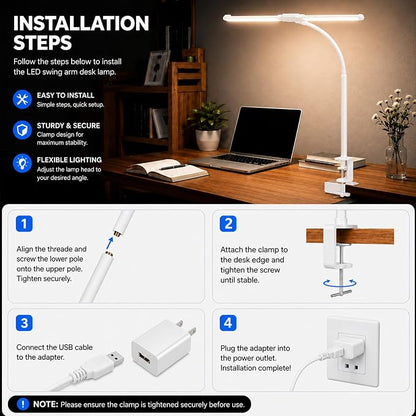 LED Desk Lamp for Home Office, Eye-Care Architect Light with Clamp, Double Head Computer Monitor Table Light with 3 Color Modes 10 Brightness, Adjustable for Reading, Study, Drafting, Workbench, White