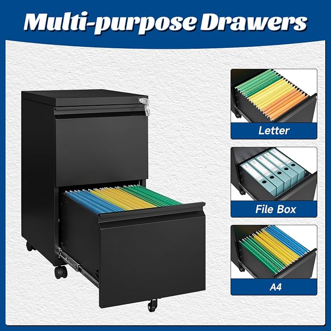 Fesbos 2 Drawers Vertical File Cabinet - Fully Assembled Black Under Desk Mobile Filling Cabinet Small Lockable Home Office File Cabinets for A4/Letter/Legal Size