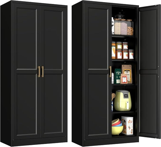Polup Pantry Cabinet, 71 Inch Tall Kitchen Storage Cabinet, Metal Pantry Cabinet with Doors and Adjustable Shelves, Freestanding Heavy Duty Steel Utility Cupboard for Garage, Laundry, Black