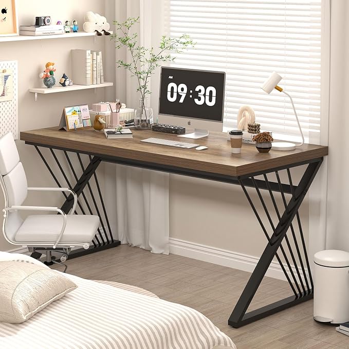 FOLUBAN Computer Desk, Modern Home Office Desk, Industrial Wood and Metal Study Writing Work PC Table for Bedroom Living Room, Rustic Oak, 47 Inch