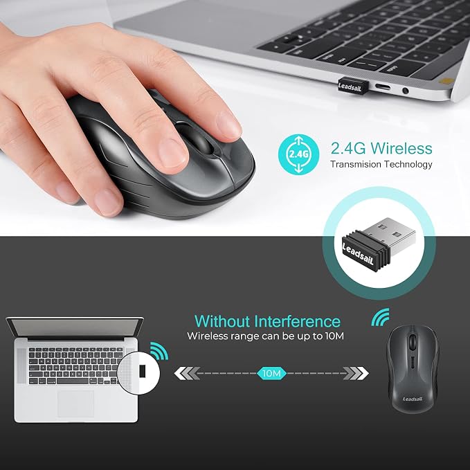 LeadsaiL Wireless Mouse, 2.4Ghz USB Cordless Mouse for Laptop, Compact Silent Mice, 4 Buttons, 3 Adjustable DPI, Ergonomic Optical Mouse for MacOS and Windows Coumpter, Notebook