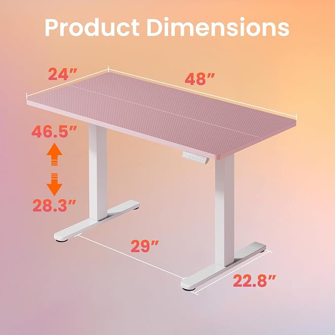 HUANUO Electric Standing Desk,48" x 24" Height Adjustable Desk, 4 Memory Height Settings, Sit to Stand Up Desk for Home Office, with Headphone Hook, Cable Manager, Pink