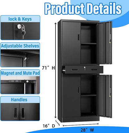 BESFUR Metal Storage Cabinet with 1 Drawer and Adjustable Shelves, 71" H Reinforced Heavy Duty Locking Storage Cabinet for Office, Garage, Home, School, Utility(Black)