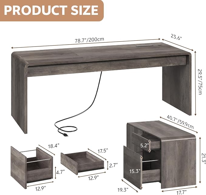 Mid-Century Modern 78" L-Shaped Executive Desk with Independent Mobile File Cabinet, Large Home Office Desk with Drawers and 4 AC + 2 USB Power Outlets, Waterfall Edge Design, Grey Oak