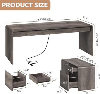 Mid-Century Modern 78" L-Shaped Executive Desk with Independent Mobile File Cabinet, Large Home Office Desk with Drawers and 4 AC + 2 USB Power Outlets, Waterfall Edge Design, Grey Oak