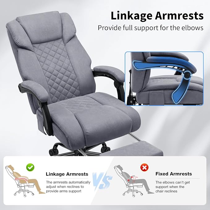 HOFFREE 400lbs Massage Office Chair with Foot Rest 6 Points Vibration Ergonomic Executive Office Chair Reclining High Back Computer Desk Chairs Grey Fabric