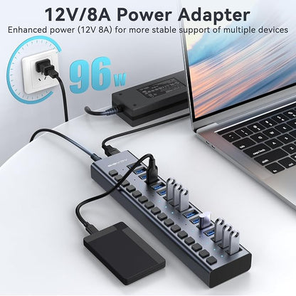 Powered USB 3.2 Hub, ACASIS 16 Ports USB 3.2 Hub with 10Gbps Data Speed，Aluminum Housing, USB Hub Powered with 96W Power Adapter, USB Hub for PC/Laptop, Computer, Flash Drive, Printer, Camera