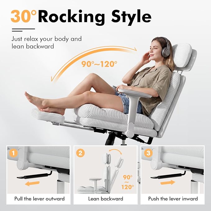 GXJ Criss Cross Legged Office Chair with Flip-up Arms, Footrest, G800 Plus | 6.3" Cushion Relieves Tailbone Pain, Head-Lumbar Support Eases Fatigue, Smooth Rolling Wheels, Corduroy Desk Seating, White