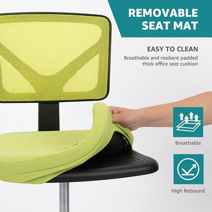 OLIXIS Armless Office Chair, Ergonomic Desk Chair with Wheels, Mesh Back, Removable Washable Foam Cushion, Height Adjustable Rolling Swivel Chairs for Small Space, Home, Office, Green