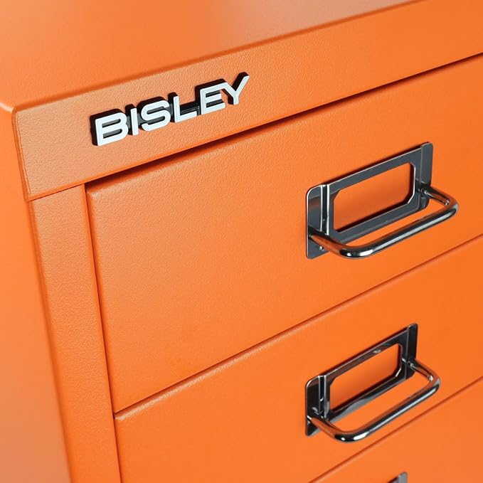 6-Drawer Steel MultiDrawer Cabinet - Orange, by Bisley | Chrome Pull Handles with Label Holders, Powder-Coated Steel, Removable Drawers, Fits Under Most Desks, Labels Included