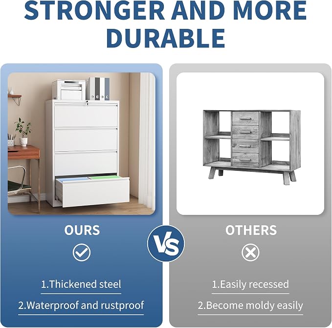 4 Drawer File Cabinet with Lock, White Metal Lateral Filing Cabinets for Home Office, Heavy Duty Steel Horizontal Locking Storage Cabinet for Legal/Letter/A4 Size File, Assembly Required