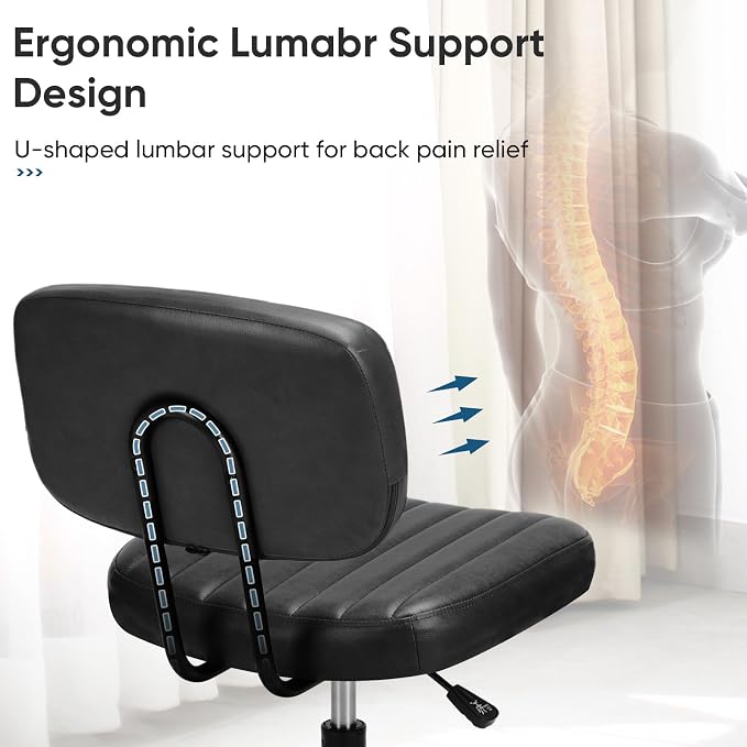 DUMOS Small Armless Home Desk Chair with Low Back Lumbar Support, Height Adjustable PU Leather Computer Task Chair with 360° Swivel Wheels, for Small Space, Adults, New Black