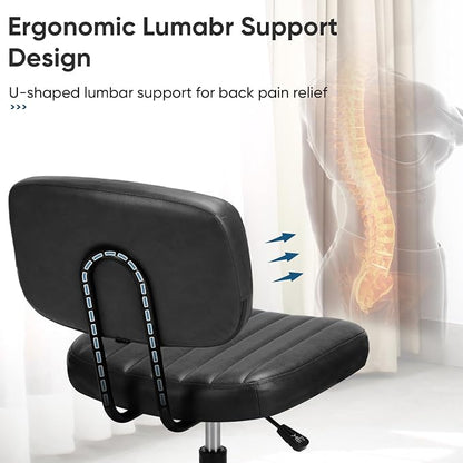 DUMOS Small Armless Home Desk Chair with Low Back Lumbar Support, Height Adjustable PU Leather Computer Task Chair with 360° Swivel Wheels, for Small Space, Adults, New Black