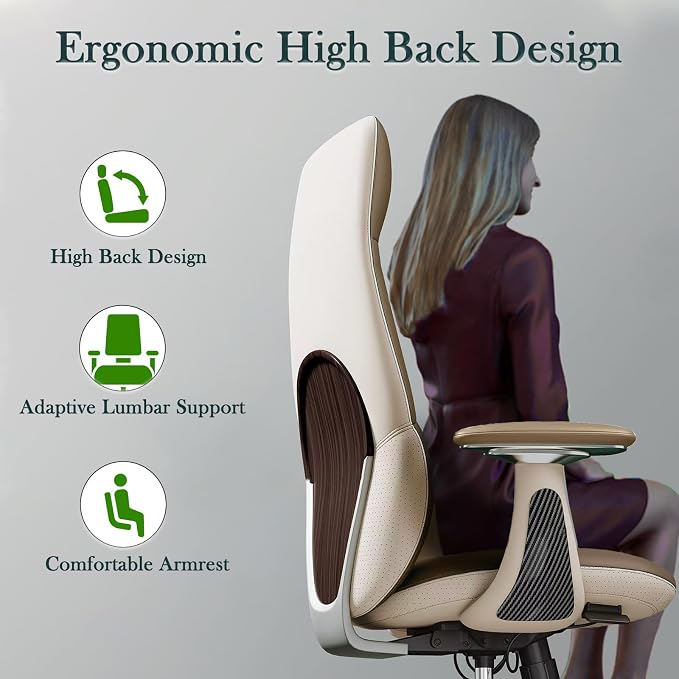 Ergonomic Genuine Leather Office Chair, Executive Chair with Tilt Adjustable High Back and Lumbar Support, 400lbs Weight Capacity Metal Base with 360° Flexible Wheels (Brown)