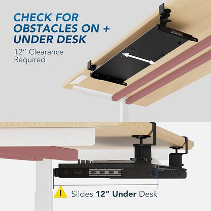 AX WABER Keyboard Tray Under Desk Pull Out with Extra Sturdy Adjustable C Clamp Mount System, 27.3 (32.5 inch Including Clamps) x 11 Inch Slide-Out Platform Computer Drawer for Typing, Black,AX01WB01