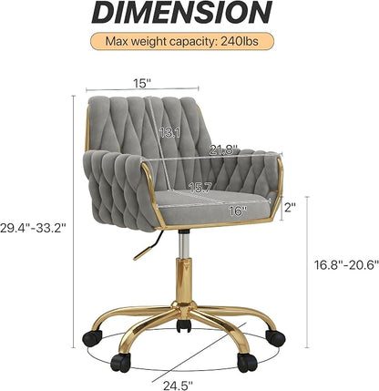 Velvet Home Office Chair, Modern Height Adjustable Cute Vanity Chair, 360° Swivel Makeup Chair Desk Chair with Golden Base and Hand Woven Backrest for for Bedroom/Study/Vanity(Light Gray)