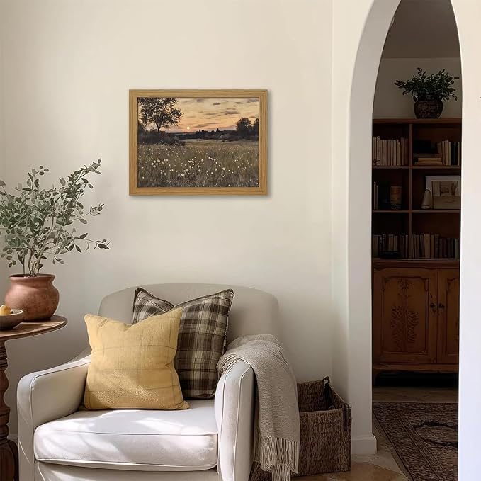 CXQILVER Vintage Framed Meadow Sunset Wall Art, Rustic Twilight Field Landscape Canvas Wall Decor Wildflowers Firefly Poster Print Farmhouse Nature Painting Artwork for Living Room Bedroom 12x16 Inch