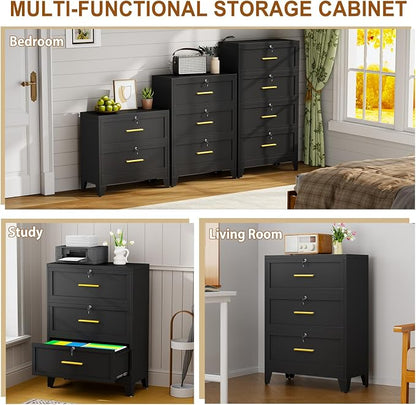 Metal Lateral File Cabinet with Lock,3 Drawer Steel Wide Filing Organization Storage Cabinets for Legal/Letter/A4/F4 Size with Hanging Files&Key,Lockable Printer Stand for Home Office, Black