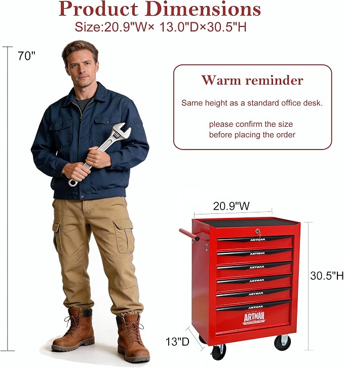 RYH 6 Drawers Rolling Tool Chest - Heavy Duty Mobile Tool Cart with Locking Wheels & Ball Bearing Drawers, 30.5" H x 20.9" W x 13" D Garage Tool Storage Cabinet (Red, 6 Drawers)