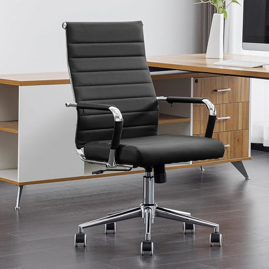 Okeysen Black Conference Room Chairs, Modern Ergonomic PU Leather Office Desk Chair Ribbed for Office, High Back Executive Swivel Rolling Task Chair for Home