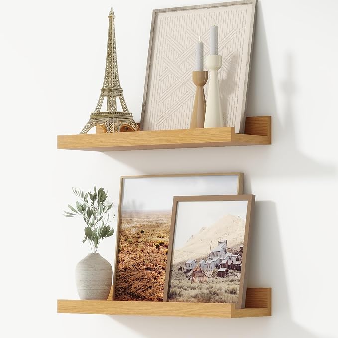 FLYJOE Picture Ledge Shelf, Floating Shelves Set of 2, 16 Inches Nursery Book Shelves for Toys Storage, Kids Bookshelf Wall Mounted for Living Room Bedroom Decor Books Photo Frames, Natural Oak