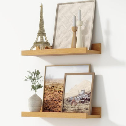 FLYJOE Picture Ledge Shelf, Floating Shelves Set of 2, 16 Inches Nursery Book Shelves for Toys Storage, Kids Bookshelf Wall Mounted for Living Room Bedroom Decor Books Photo Frames, Natural Oak