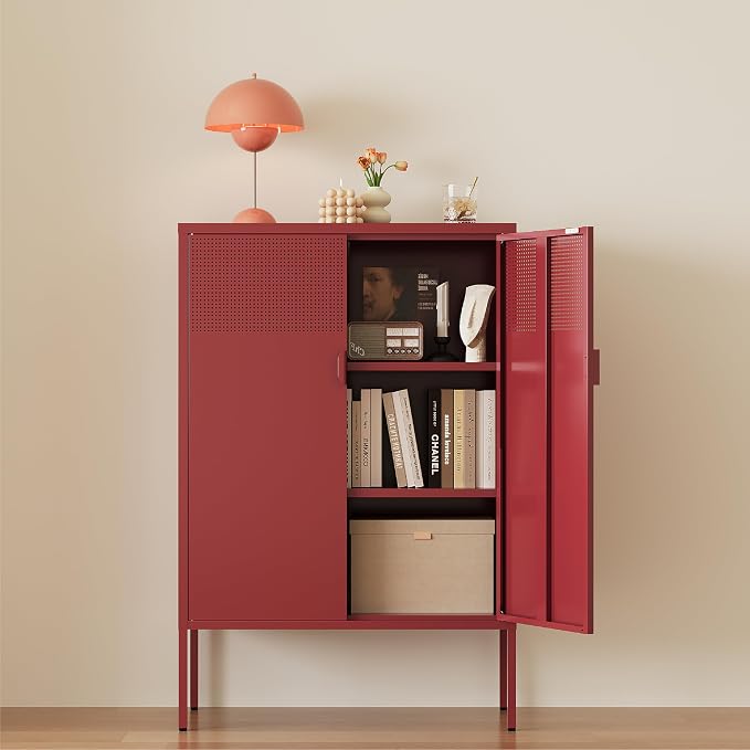 Metal Storage Cabinet,2 Door TV Stand, Metal Mesh Accent Cabinet,Magnetic Door Closure,Low Storage Cabinets with Doors and Shelves