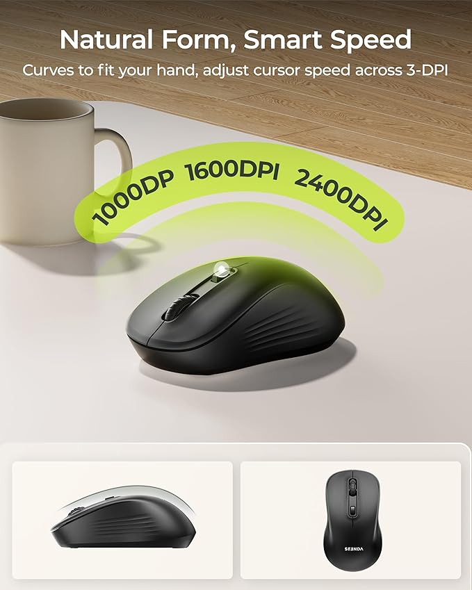 seenda Wireless Bluetooth Keyboard Mouse Combo, COE200 Ergonomic Keyboard with Wrist Rest, Silent Mouse, Multi-Device Connection, Full-Size Compatible for Windows PC Laptop Mac MacBook, Black