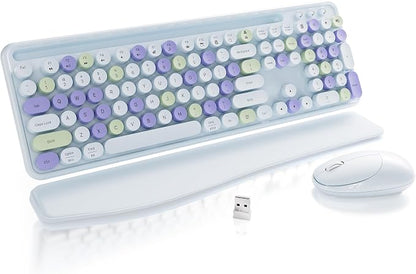 Wireless Keyboard and Mouse, Colorful 104-Key QWERTY with Round Keys, Phone Holder, Wrist Rest, Power Buttons, 2.4GHz USB for PC Laptop (Light Blue Colorful)